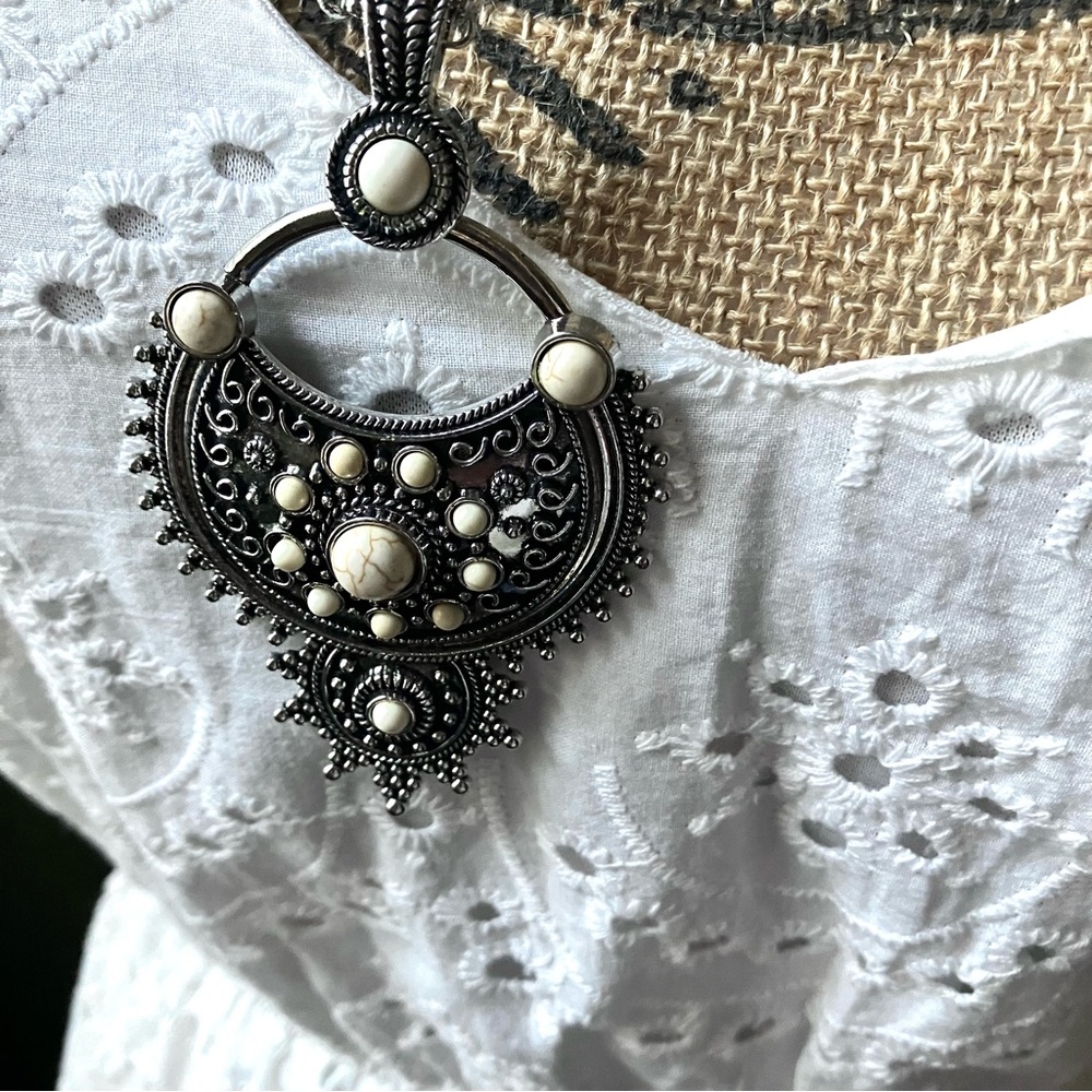 Boho white stone pendant necklace with long silver chain